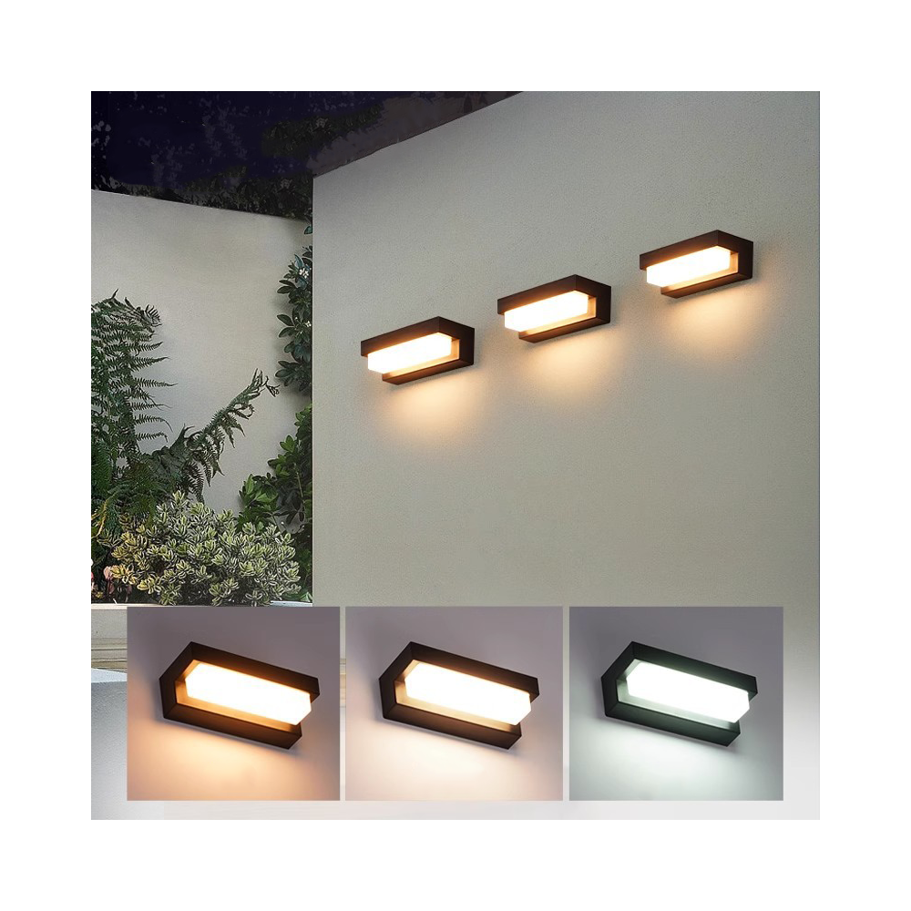 Solcelle sensor CCT væglampe - 3 lyskulører, sort, firkantet, skumringssensor, IP54, 2W