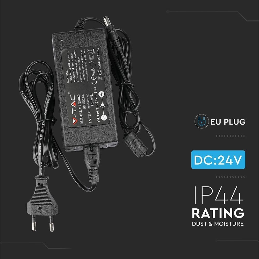 V-Tac 60W Strømforsyning til LED Strips - 24V DC, 2,5A, IP44 Vådrum
