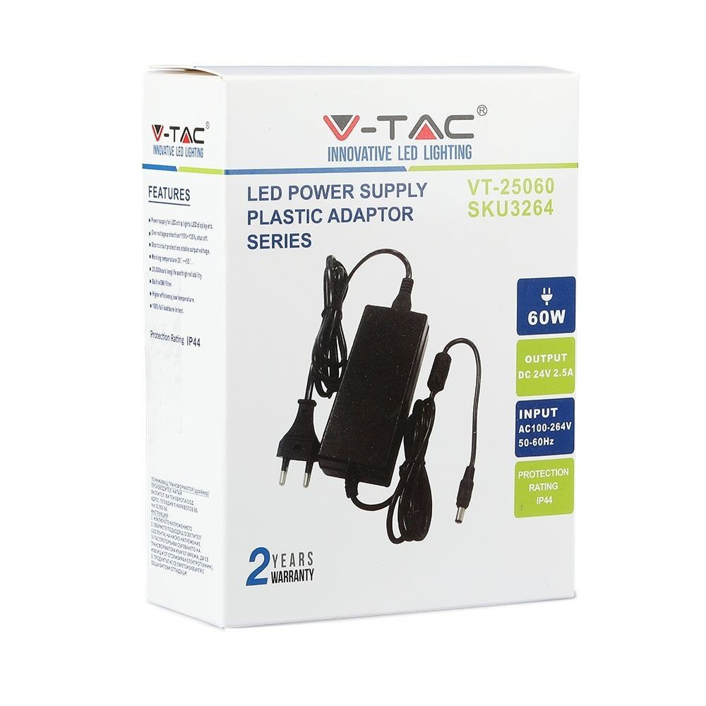 V-Tac 60W Strømforsyning til LED Strips - 24V DC, 2,5A, IP44 Vådrum