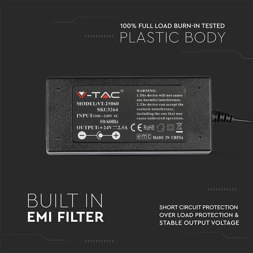 V-Tac 60W Strømforsyning til LED Strips - 24V DC, 2,5A, IP44 Vådrum