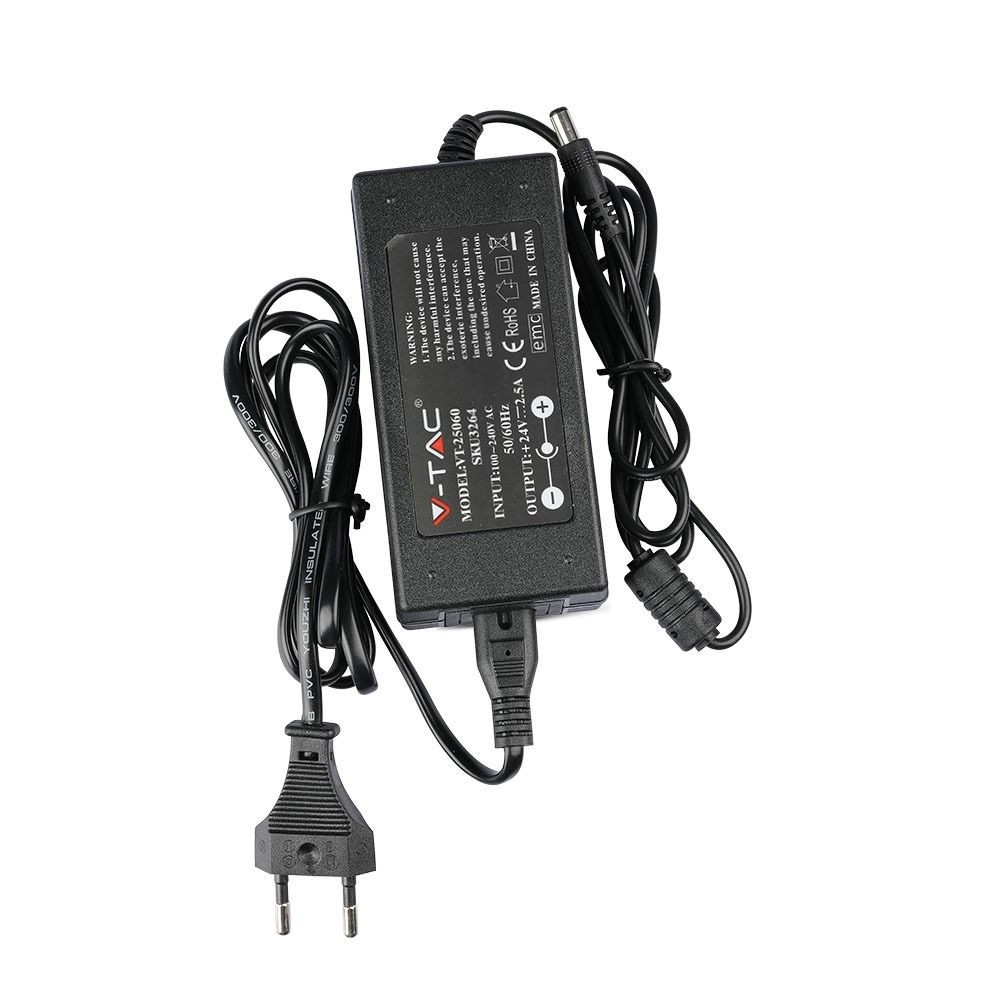 V-Tac 60W Strømforsyning til LED Strips - 24V DC, 2,5A, IP44 Vådrum