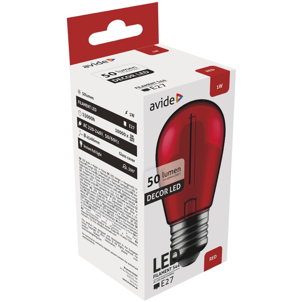 1W Farvet LED kronepære - Rød, kultråd, E27, 230V, 50lm, RA80