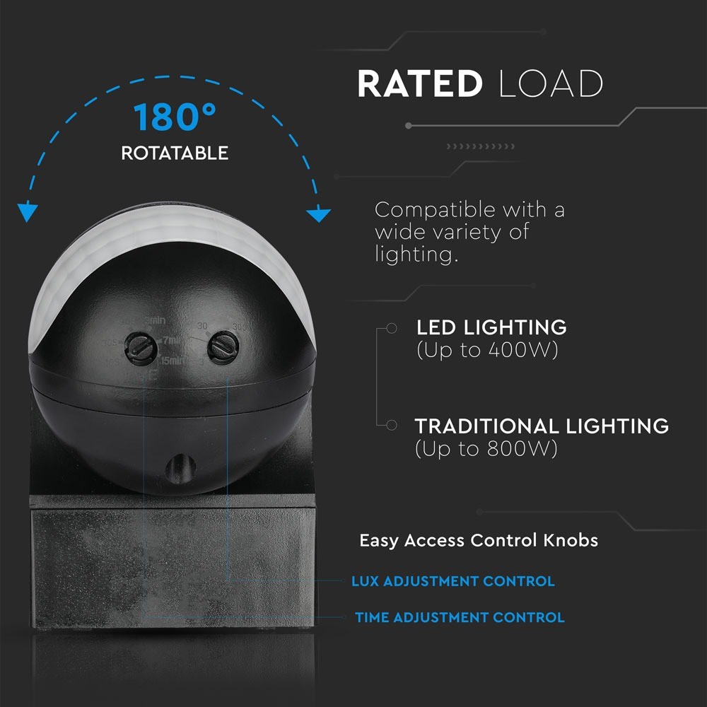 PIR vægsensor med bevægeligt hoved sort, IP44 (max: 400W LED)