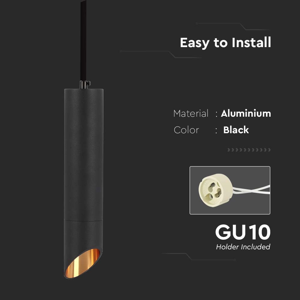 Sort GU10 hængelampe, V-Tac Pro serie, 3 års garanti, Ø55x200mm