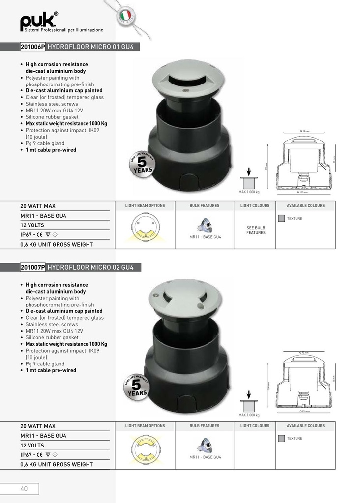 Hydrofloor micro 01 nedgravningsspots GU4 20W 12V
