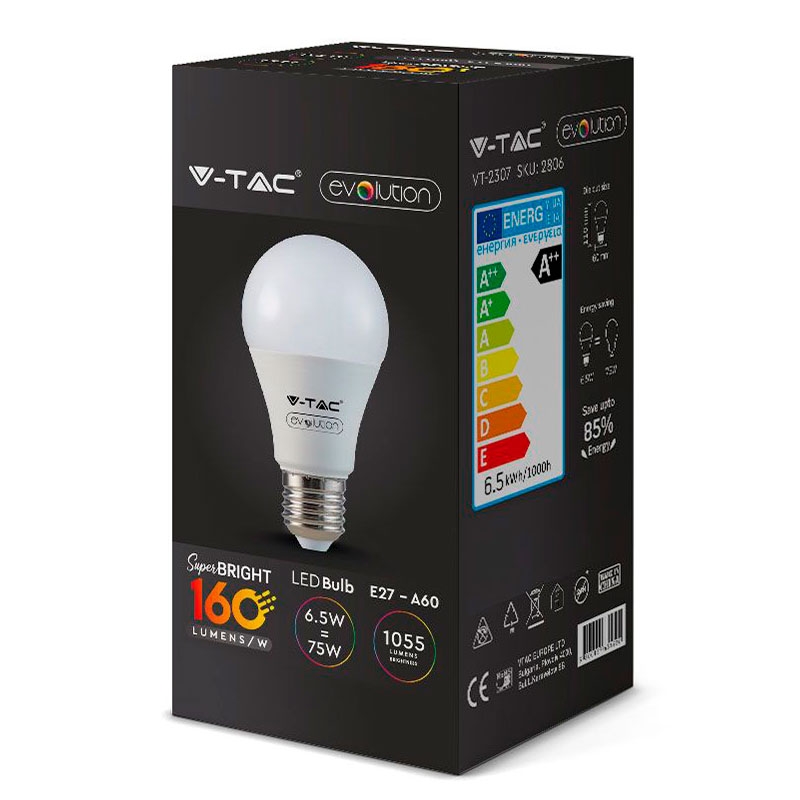 6,5W (75W) LED pære E27 3000K 1055Lm 200° (A+)