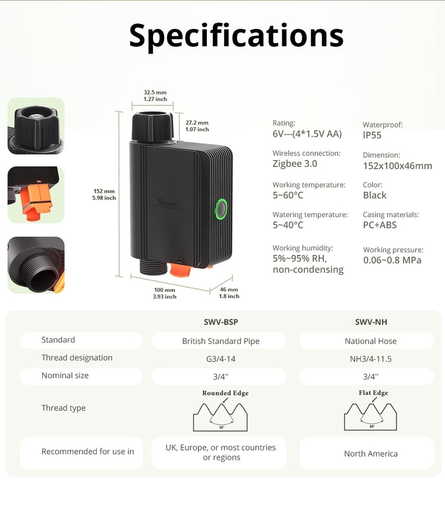 SWV-BSP ZigBee 3.0 automatisk vandingsventil - 3/4" kobling