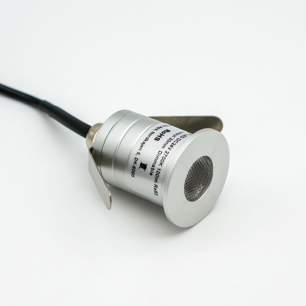 Sauna LED indbygningsdownlight - 24V DC, RA93, 1,1W, 3m ledning, Ø3 cm hul, Ø3,5 cm diameter, 100lm, IP54