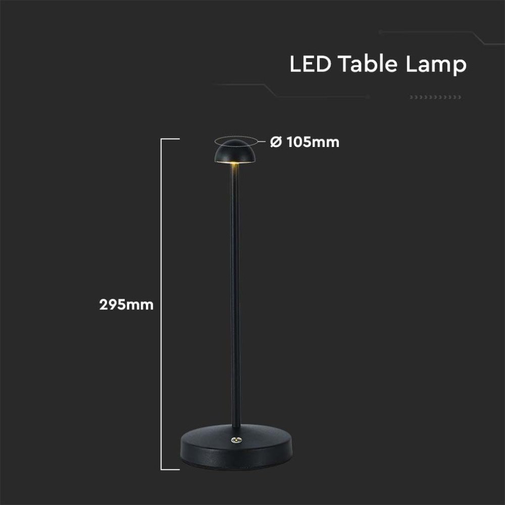V-Tac Opladelig 3i1 Bordlampe - Sort, IP20, Touch Dæmpbar, Model Mini, 3W, 130lm