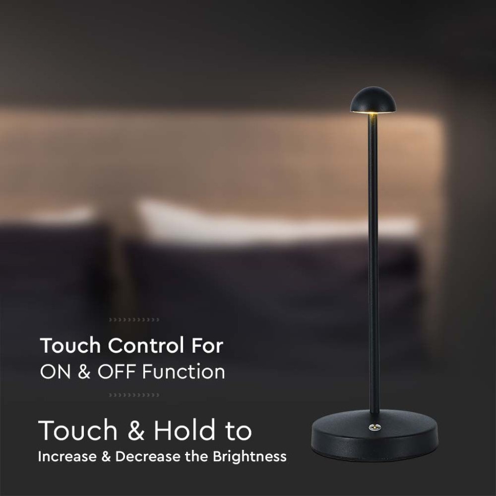 V-Tac Opladelig 3i1 Bordlampe - Sort, IP20, Touch Dæmpbar, Model Mini, 3W, 130lm