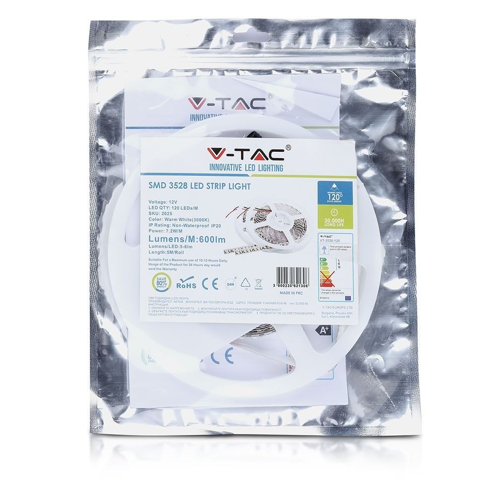 V-Tac 7,2W/m LED strip 8mm bred - 5m, 120 LED pr. meter (800lm/m, RA80)
