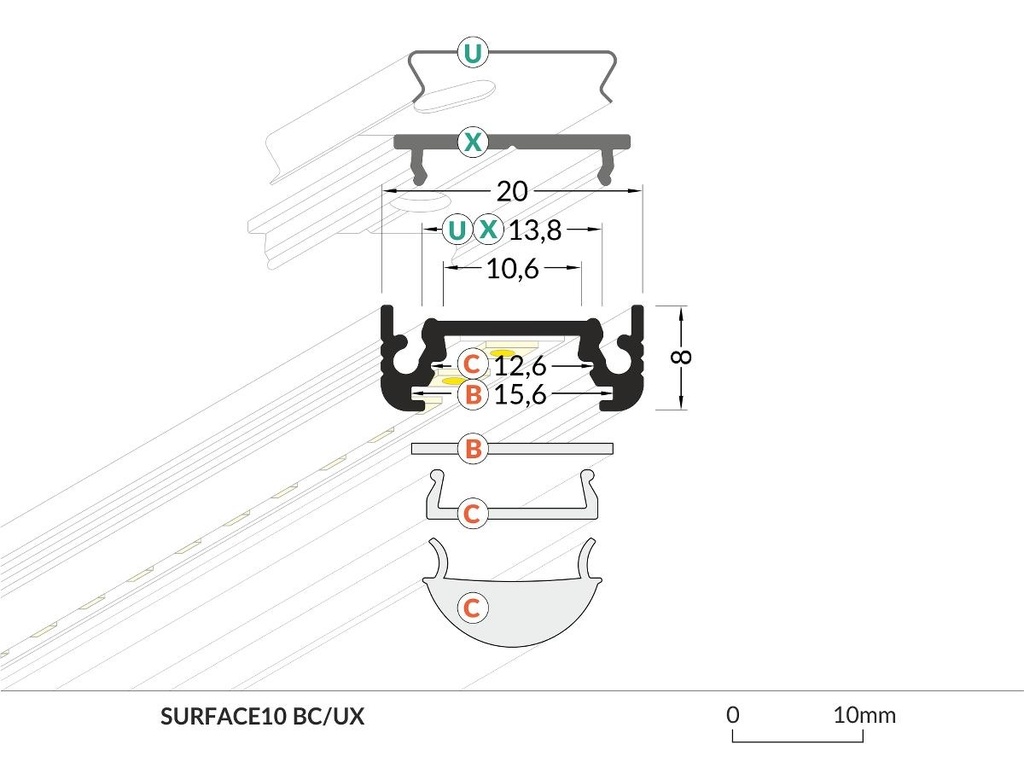 DIOFLEX Alu profil SURFACE10 BC/UX 2m 20x8mm