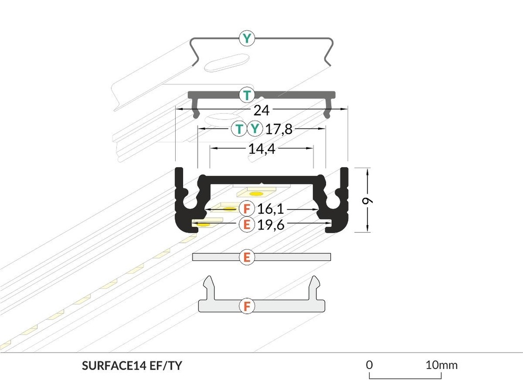 DIOFLEX Alu profil SURFACE14 F/TY 1m 24x9mm