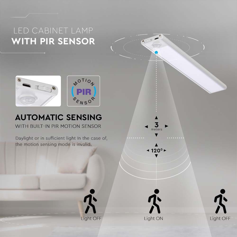 LED Skabslys med PIR Sensor, 2.5W, 3000K, Sølv, Husdesign, IP20 - Ideelt til skabe og skuffer