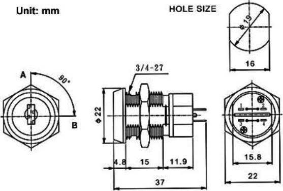 Nøglekontakt - 2P OFF-ON (DPST), Ø19mm