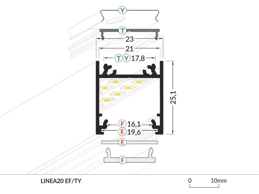 DIOFLEX Alu profil LINEA20 F/TY 2m 23x25,1mm