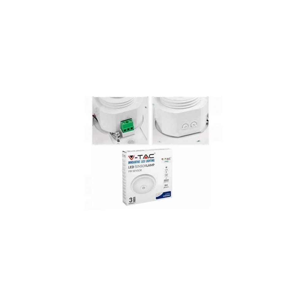V-Tac 12W LED sensorlampe - Samsung LED chip, PIR sensor, IP20 indendørs, 230V, inkl. lyskilde - Erstatning for 60W - 5 års garanti