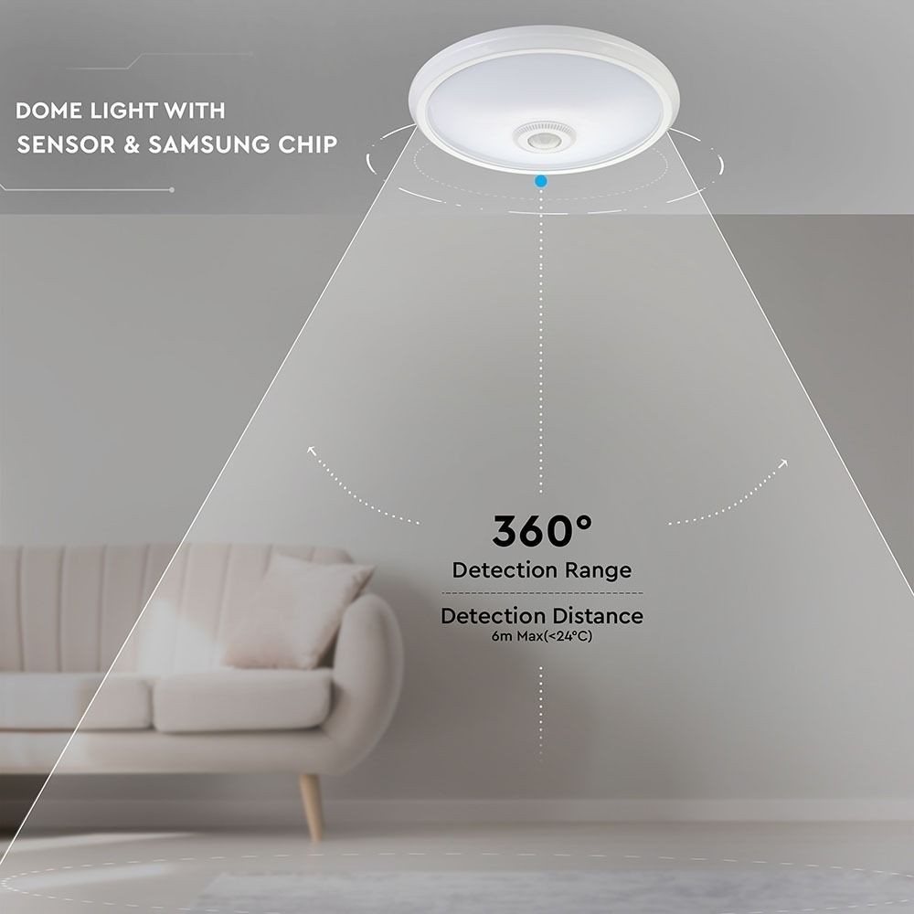 V-Tac 12W LED sensorlampe - Samsung LED chip, PIR sensor, IP20 indendørs, 230V, inkl. lyskilde - Erstatning for 60W - 5 års garanti