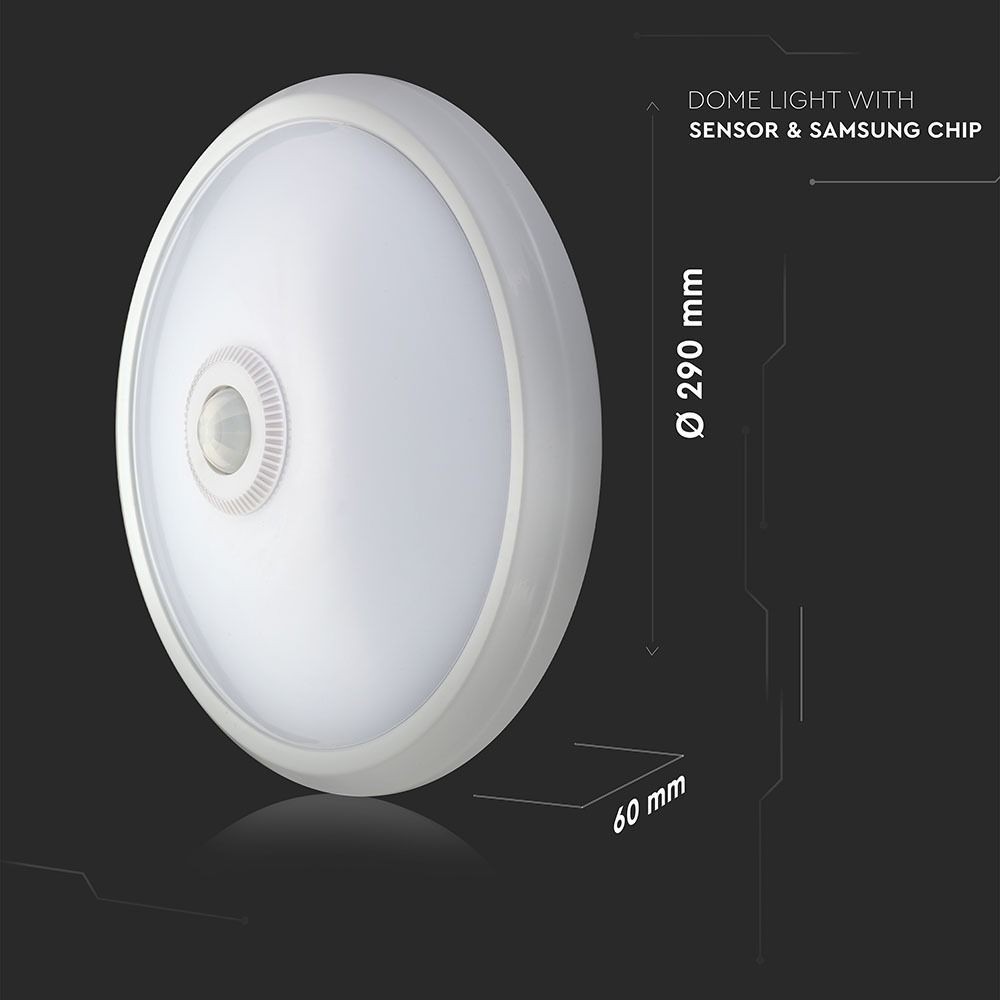 V-Tac 12W LED sensorlampe - Samsung LED chip, PIR sensor, IP20 indendørs, 230V, inkl. lyskilde - Erstatning for 60W - 5 års garanti