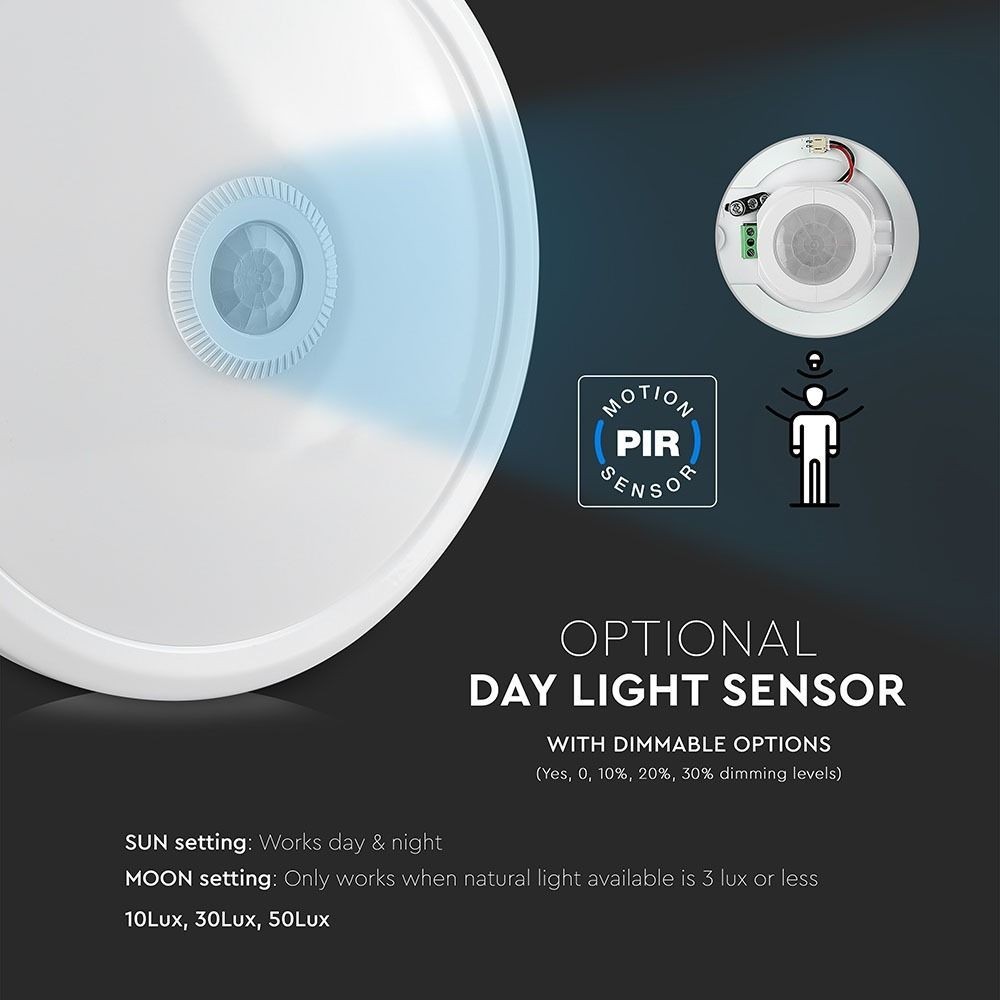 V-Tac 12W LED sensorlampe - Samsung LED chip, PIR sensor, IP20 indendørs, 230V, inkl. lyskilde - Erstatning for 60W - 5 års garanti