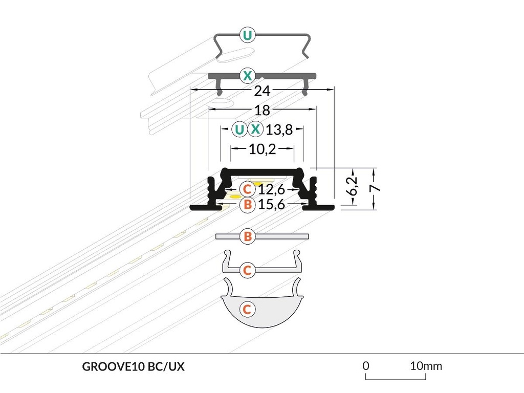 DIOFLEX Alu profil GROOVE10 BC/UX indbyg 2m 24x7mm