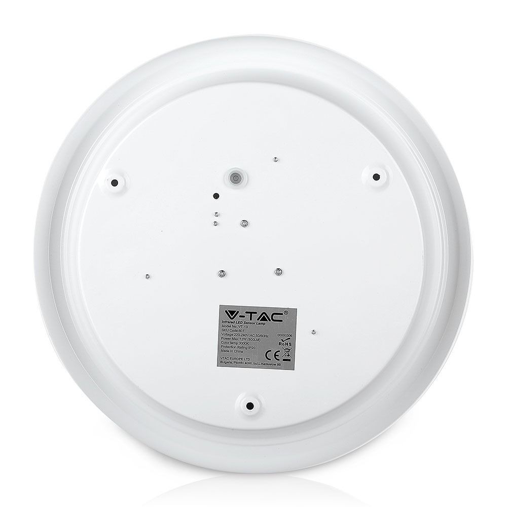 V-Tac 12W LED sensorlampe - Samsung LED chip, PIR sensor, IP20 indendørs, 230V, inkl. lyskilde - Erstatning for 60W - 5 års garanti