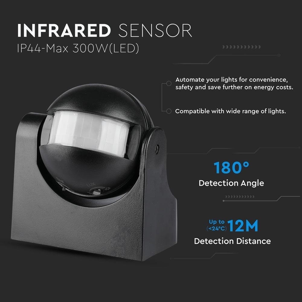 V-Tac bevægelsessensor - sort, LED-venlig, udendørs PIR infrarød bevægelsessensor med IP44, 230V input