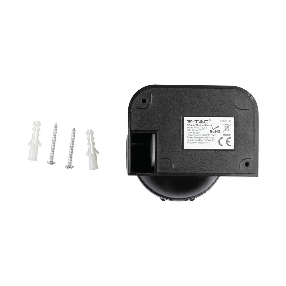 V-Tac bevægelsessensor - sort, LED-venlig, udendørs PIR infrarød bevægelsessensor med IP44, 230V input