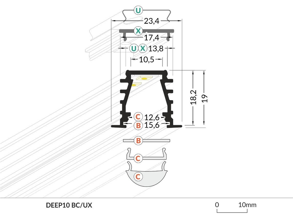 DIOFLEX Alu profil DEEP10 C/UX 2m 23,4x19mm