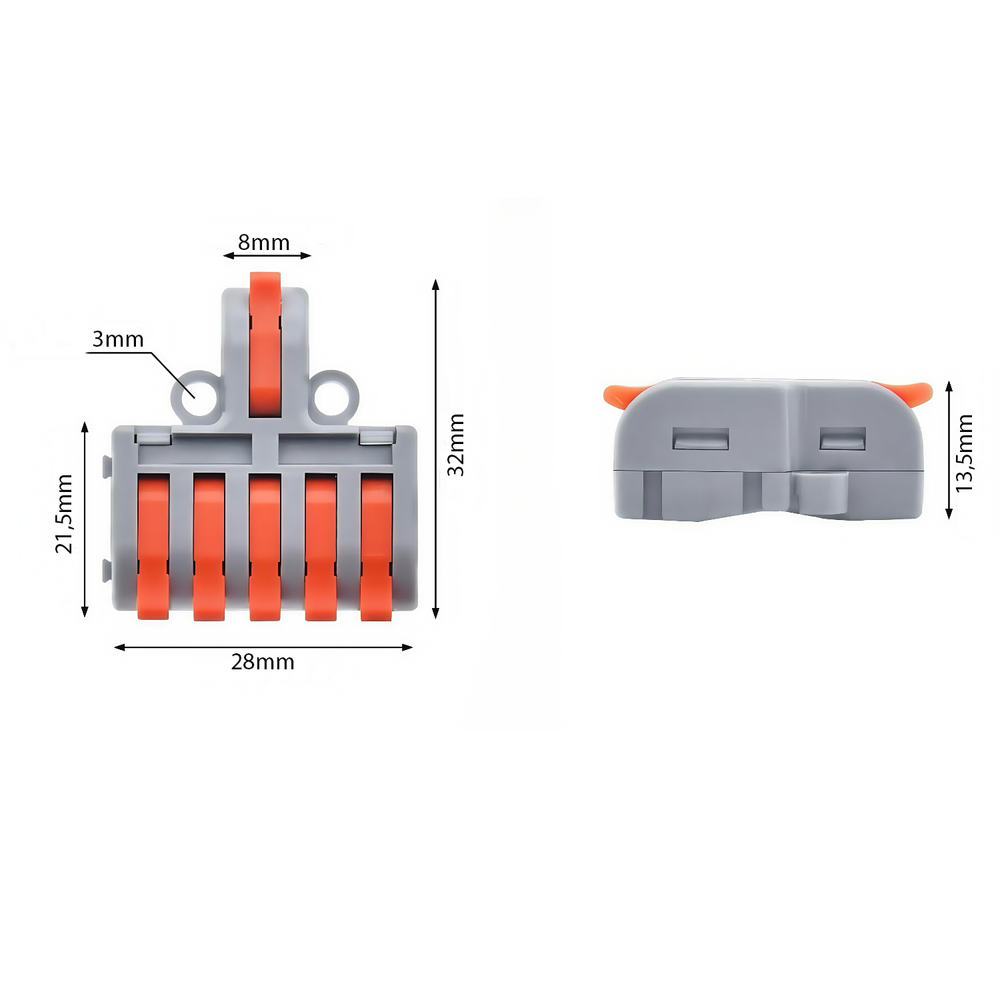 Skrueløs samlemuffe, 1-5 poler, 250V, 32A