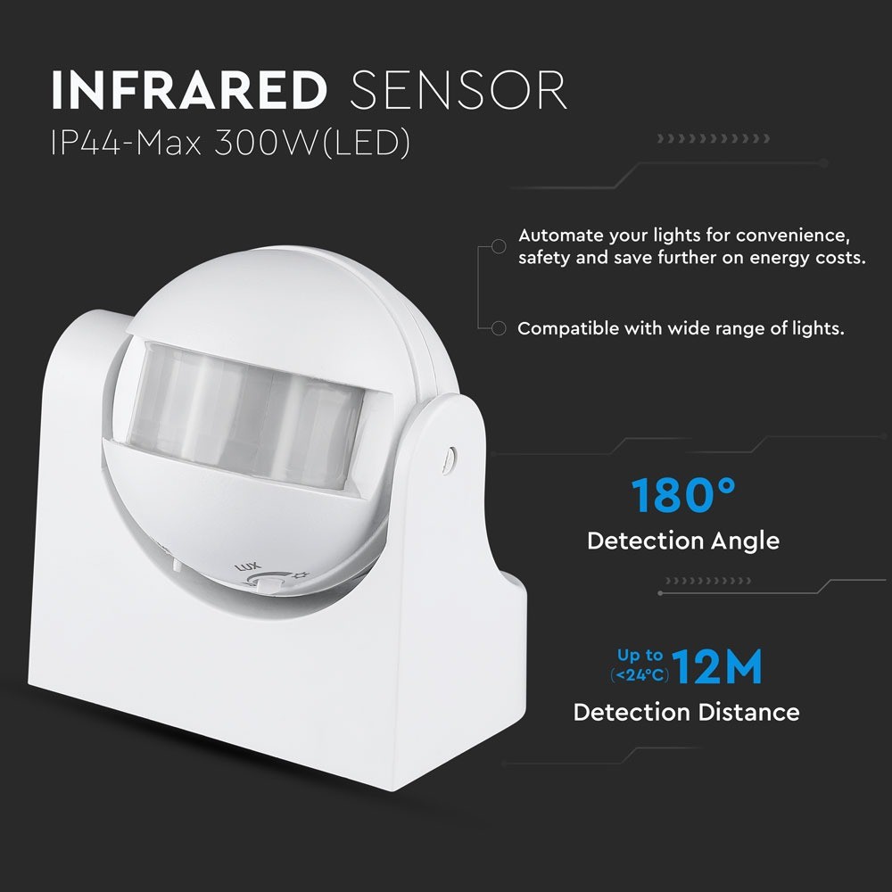 Hvid Infrarød Bevægelsessensor med Manuel Override og IP44 Rating - Maks. 300W LED