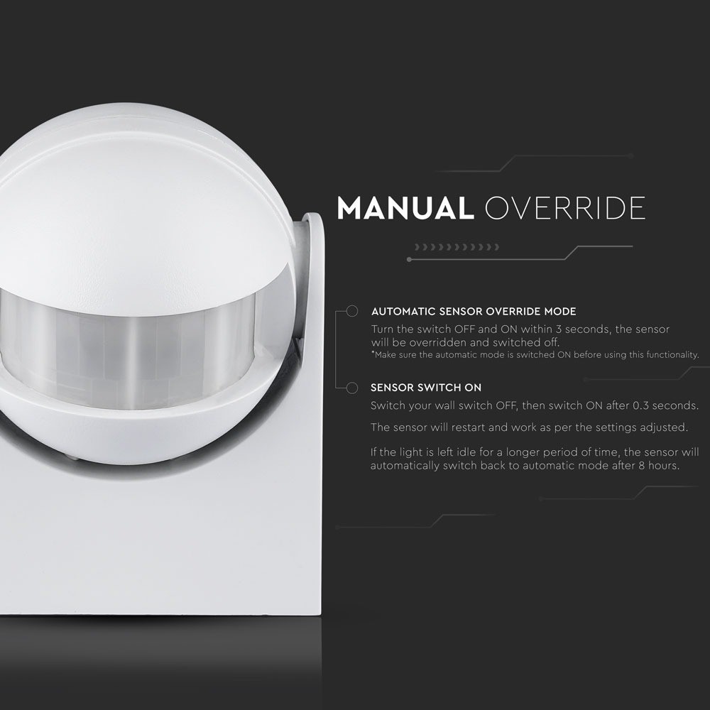 Hvid Infrarød Bevægelsessensor med Manuel Override og IP44 Rating - Maks. 300W LED
