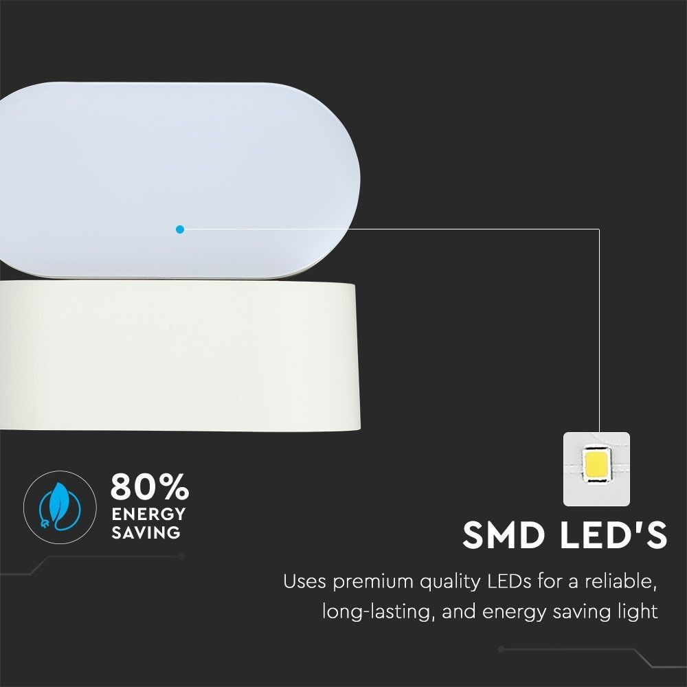 V-Tac 6W LED Hvid Væglampe - Oval, Roterbar 350 Grader, IP65 Udendørs, 230V, Inkl. Lyskilde