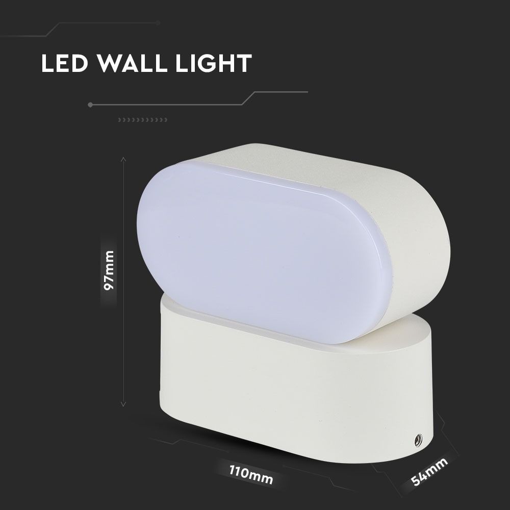 V-Tac 6W LED Hvid Væglampe - Oval, Roterbar 350 Grader, IP65 Udendørs, 230V, Inkl. Lyskilde
