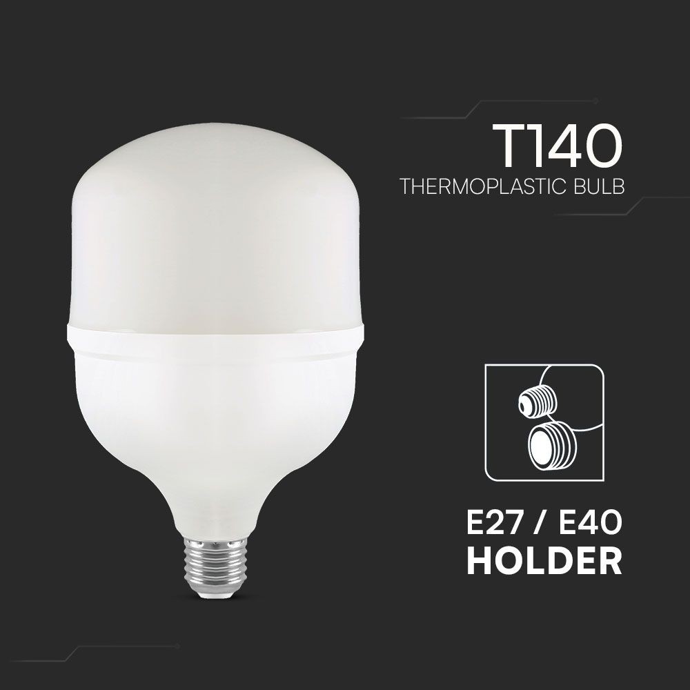 T140 LED Pære 50W E27 - 6500K, med E40 Ring, Plastik - Kraftig og energieffektiv LED-pære til store fatninger