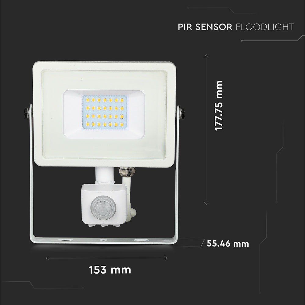 20W LED projektør med Samsung chip, PIR sensor og 3000K varm hvidt lys i hvidt hus - ideel til udendørs belysning
