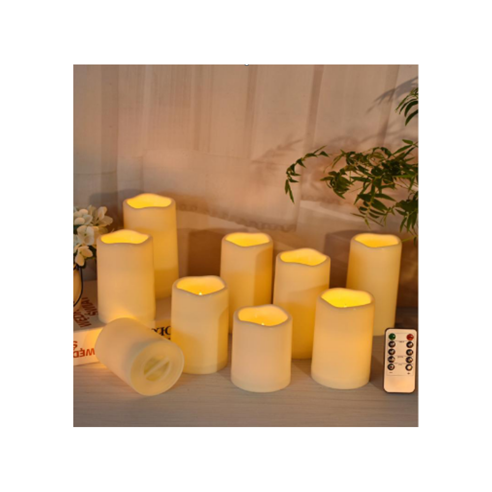 9-pak LED Udendørs bloklys med fjernbetjening, batteri og timerfunktion - Ø5,5cm Højde: 13/15/17,5cm, trådløs og vandtæt