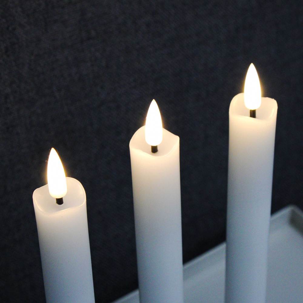 3-pak LED stearinlys med flammeeffekt, Ø2,2cm, Højde: 24,5cm, kronelys, fjernbetjening, timer, batteridrevet