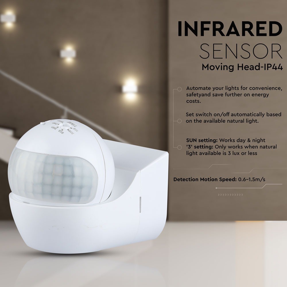 PIR vægsensor med bevægeligt hoved og IP44 beskyttelse - Maks. 400W LED kompatibilitet