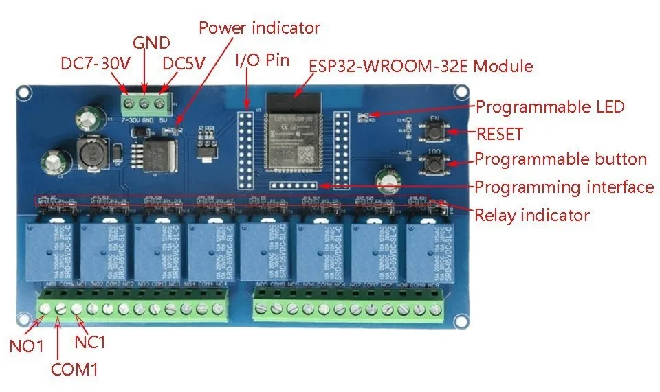 ESP32-WROOM WIFI BLE Relæmodul, 8 kanaler, 5-30Vdc forsyning