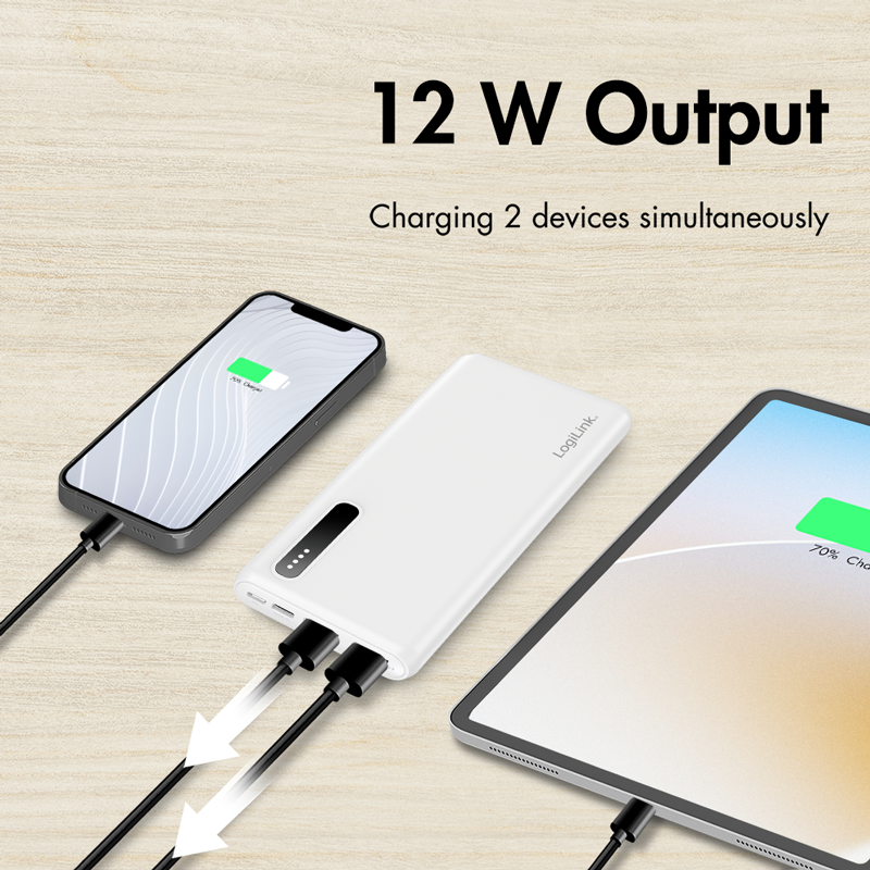 Powerbank m. LED indikator - 8000mAh, LiPo, 2xUSB-A, Hvid