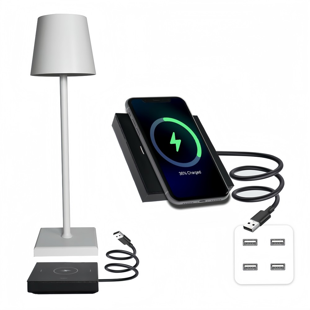 Candela LED bordlampe med trådløs opladning - Hvid, IP54, touch dæmpbar, inde/udendørs