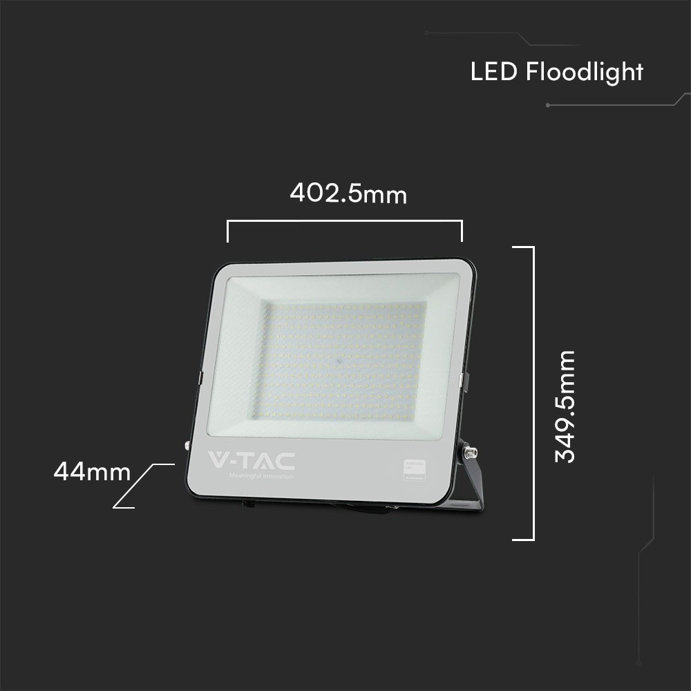 200W Samsung chip projektør med 1m ledning, 6500K, sort hus og grå matteret glas