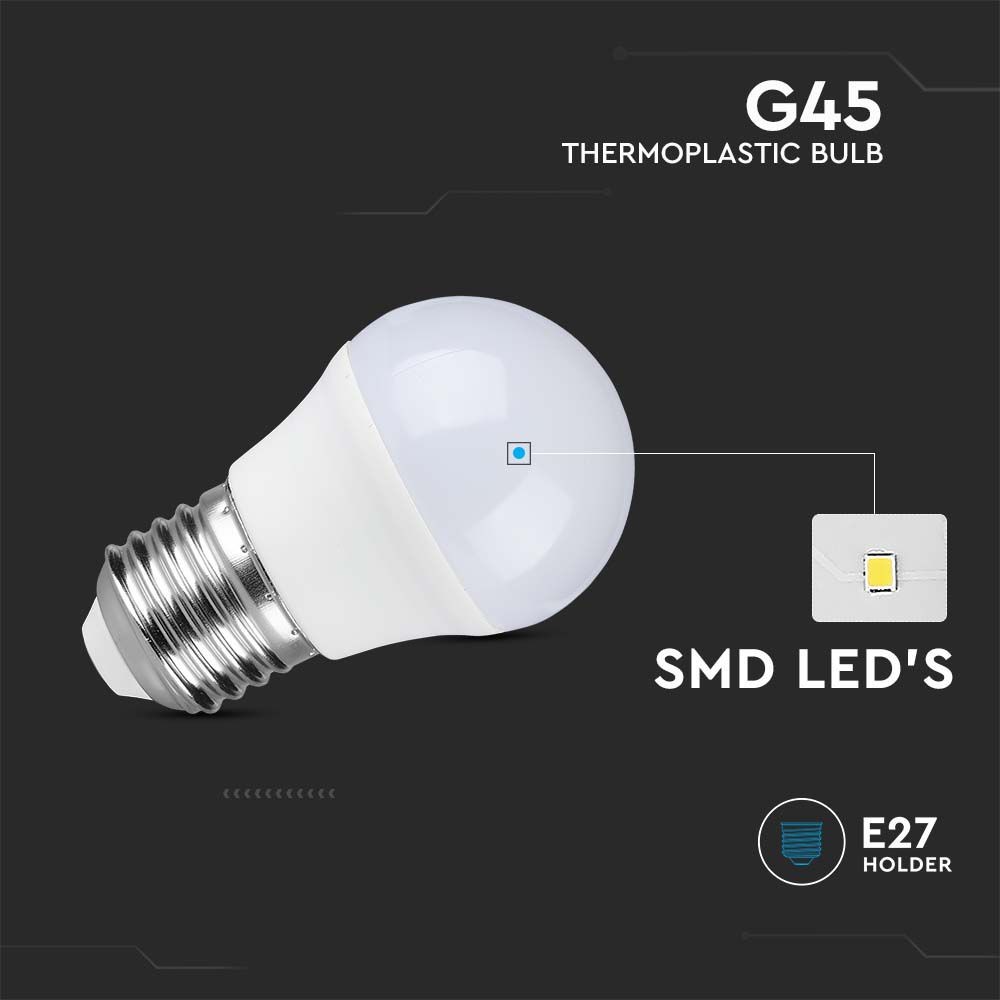 4.5W Plastik Pære E27 - G45, 3000K, 470lm, RA80 - Energibesparende LED lyspære til stor fatning E27, varmhvidt lys