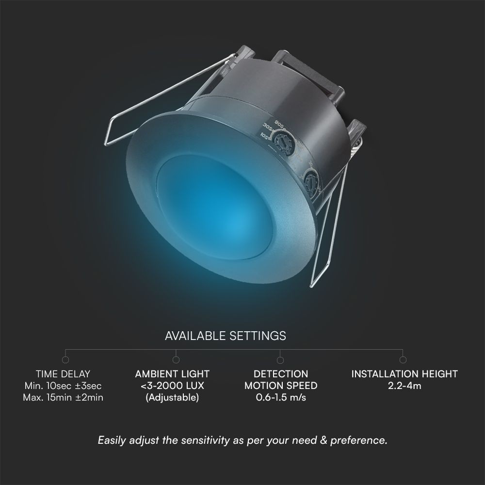 PIR loftsensor - helsort, maks. 500W LED, V-Tac Pro serie, 5 års producentgaranti