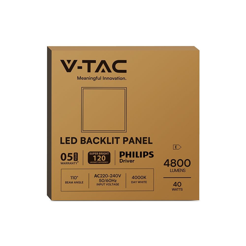 V-Tac 60x60 LED panel - 40W, 120lm/W, 5 års garanti, hvid kant