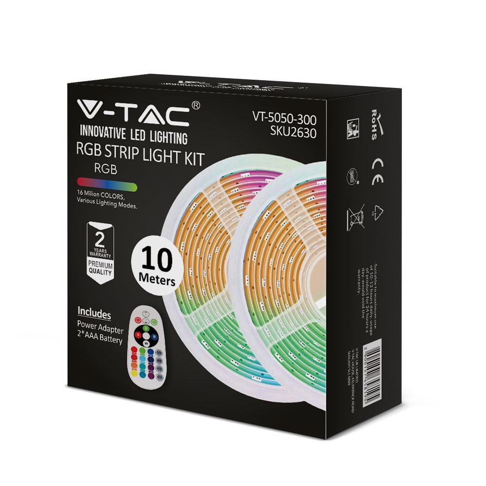 300 LED Stribelys Sæt 4.8W/m, IP20, 2x5m Rulle, RGB (EU stik)
