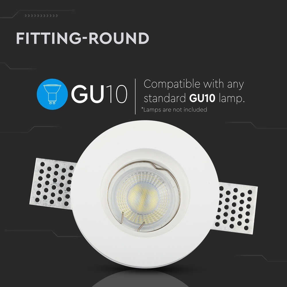 GU10 lampe i hvid gips, rund form - stilfuldt og moderne design til dit hjem. Energibesparende og nem at installere. Perfekt til belysning.