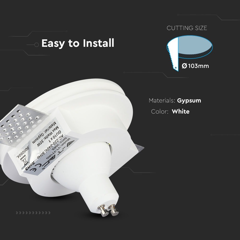GU10 lampe i hvid gips, rund form - stilfuldt og moderne design til dit hjem. Energibesparende og nem at installere. Perfekt til belysning.
