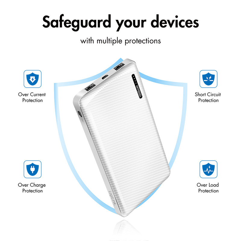 Powerbank m. LED indikator - 10,000mAh, LiPo, 2xUSB-A, Hvid